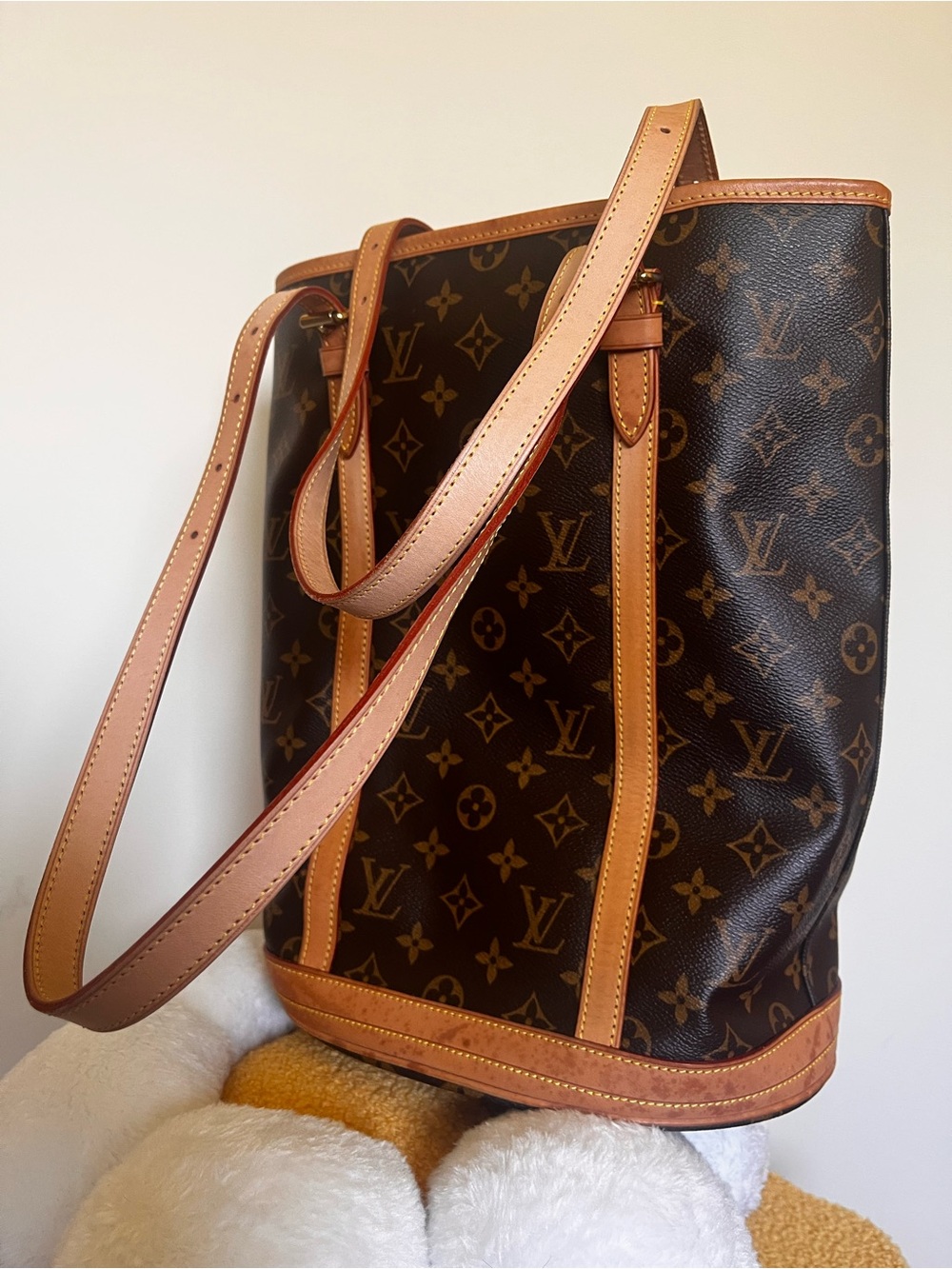 LV Louis Vuitton Monogram Vertical Tote in Brown & Tan Trim